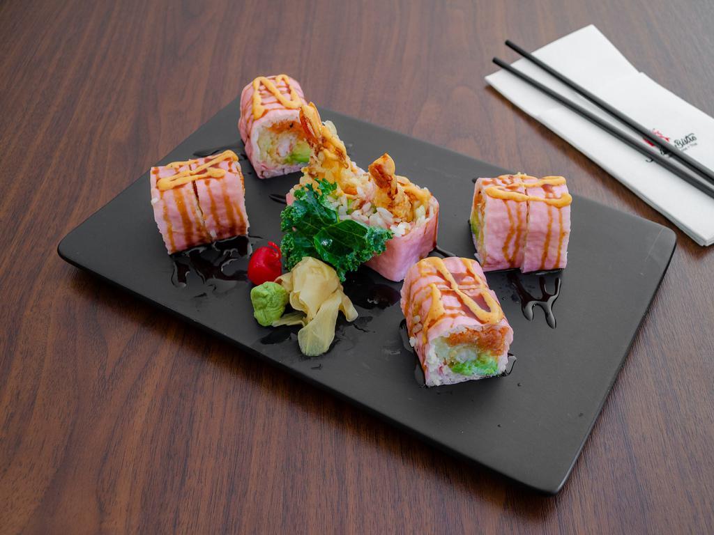 Spicy Lady Special Roll · Spicy tuna, avocado, cucumber, and shrimp tempura wrapped in pink soy paper.