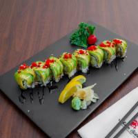 Dragon Special Roll · Eel cucumber roll inside out topped with avocado and tobiko.