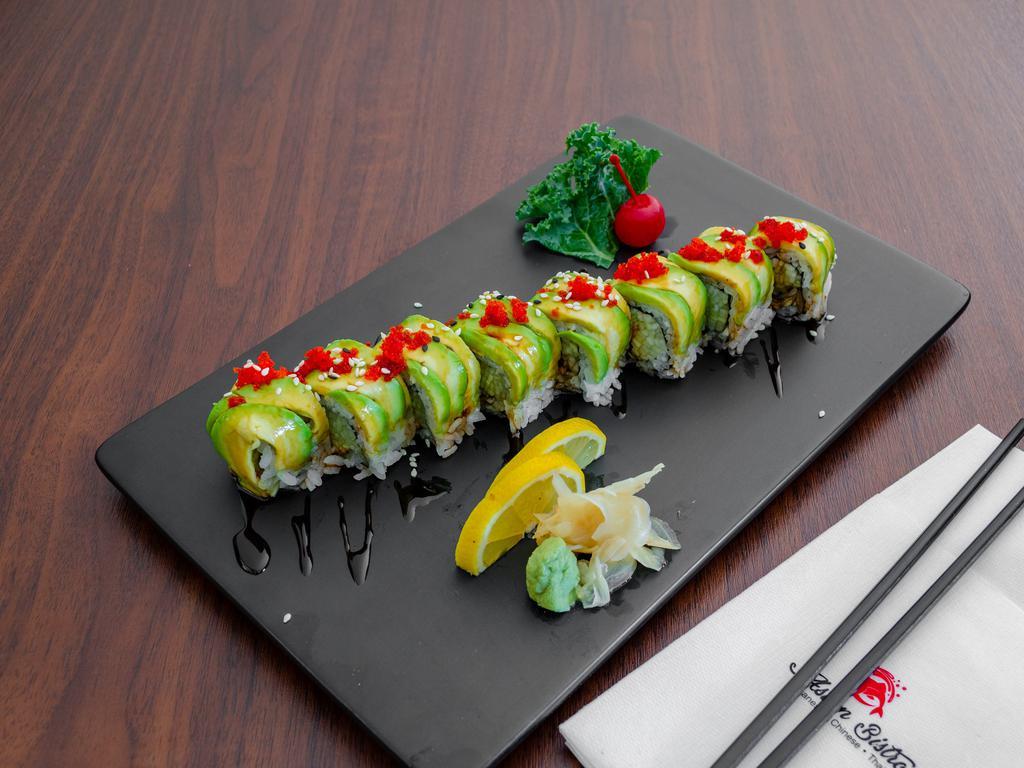 Dragon Special Roll · Eel cucumber roll inside out topped with avocado and tobiko.
