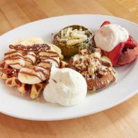Waffle Flight Breakfast · Red velvet, chocolate, liege and green tea waffles topped with blackberry, strawberry, banan...