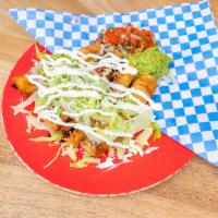 Taquitos · Choose chicken or beef. Topped with lettuce, pico de gallo, sour cream, oueso fresco and gua...