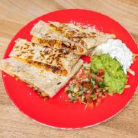 Quesadilla with Meat · Choice of meat. Served with sour cream, pico de gallo and guacamole.