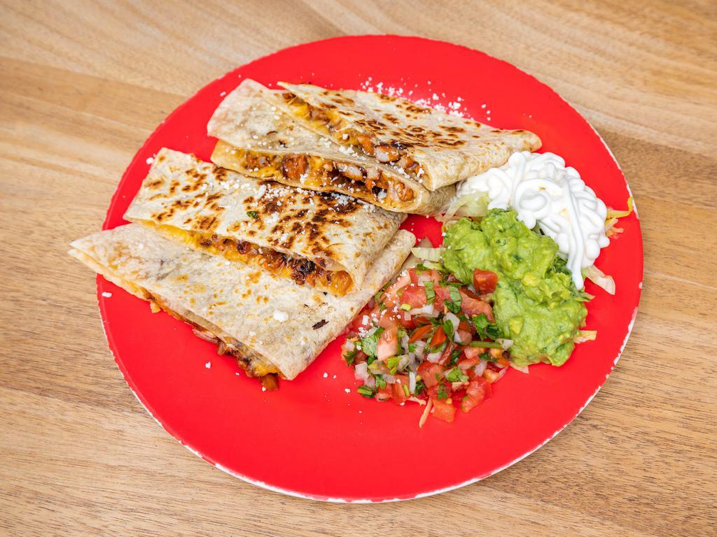 Quesadilla with Meat · Choice of meat. Served with sour cream, pico de gallo and guacamole.