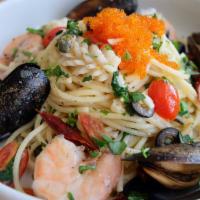 DG2. Pasta Garlic & Chili Seafood and Tobiko · Pasta with seafood, dried chili, onion, garlic, olive, capers, white wine, tomatoes, basil a...