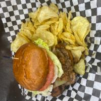 WCB Double Truck Burger · Double Cheeseburger with WCB Signature Meat Hot Sauce, Maple Bourbon Candied Bacon, Crisp Le...