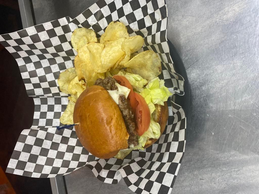 Classic Double Cheeseburger · Double Cheeseburger with American Cheese, Crisp Lettuce, Beefsteak Tomato, Onion & Mayonnaise. Comes with Potato Chips, Substitute Any Side for $3.