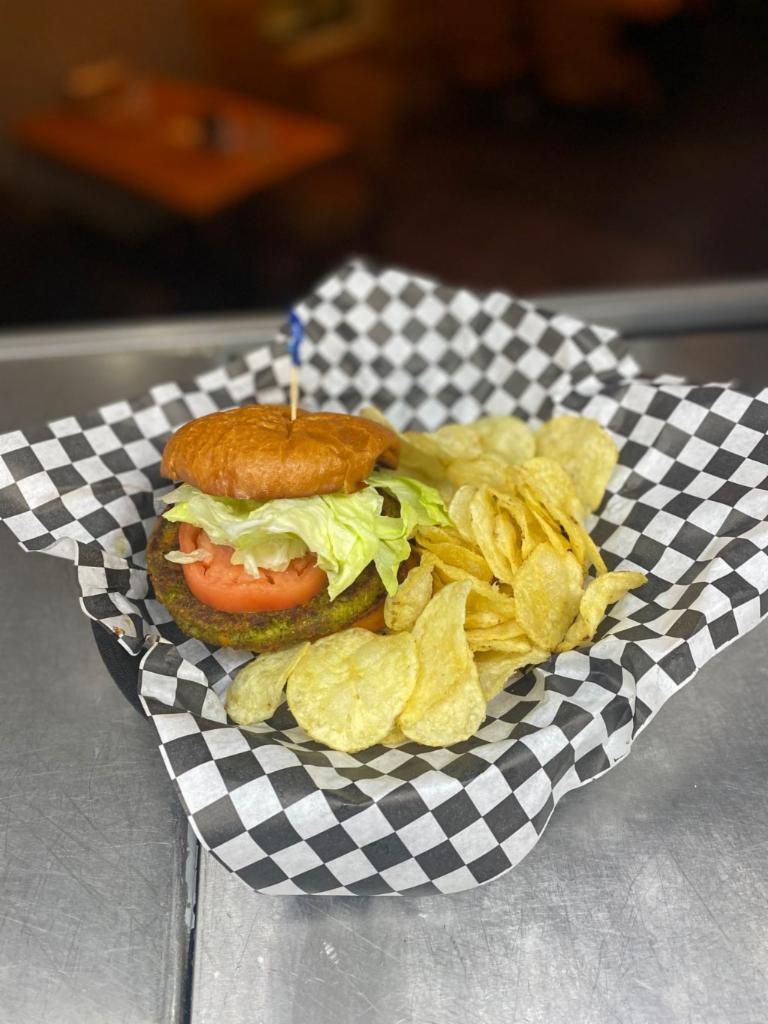 California Veggie Burger · Made With Broccoli, Carrots, Green Beans, Corn and other Special Ingredients, Grilled and Topped with Crisp Lettuce and Tomato on a Fresh Brioche Bun. Comes with Potato Chips. Substitute Any Side for $3.