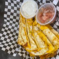 Signature STUFFED Quesadilla (Cheese or Chicken) · Seasoned Grilled Chicken Smothered with Melted Shredded Cheddar Cheese, Grilled Onions and S...