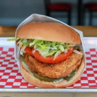 Crispy Chicken Sandwich · Crispy Breast of Chicken on a Toasted Bun with lettuce, tomato, pickles and mayo