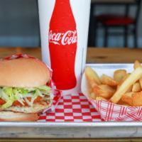 Chicken Sandwich Deal · Burger, choice of Fries and Canned Soda or Shake