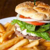 Bleu Cheese Burger · House hamburger patty topped with bleu cheese crumbles, bacon and bleu cheese dressing. Serv...