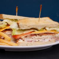 House Club · Ham, turkey, American and Swiss cheese. Bacon, lettuce and tomato on wheat or sourdough brea...