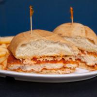 Chicken Parmesan Sandwich · Crispy chicken with marinara and Parmesan, served on toasted garlic bread. Served with your ...