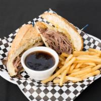 French Dip Sandwich · Thinly sliced roast beef, melted Swiss on garlic bread with au jus and caramelized onions. S...