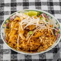 Pad Thai  · Thin noodles with egg, bean sprout, green onion, lime, ground peanut.