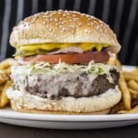First-Rate Prime Cheeseburger · Our burger is grilled to perfection over an open flame before being topped with your choice ...