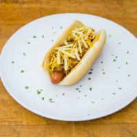 Papa Dog · Grilled all beef Sabrett frankfurter, topped with our homeade chili, cheddar cheese and crun...