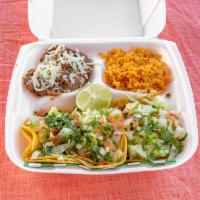 3 Taco Plate Lunch · Any choice of meat on double corn tortilla dresses with lettuce & tomato, served with rice &...