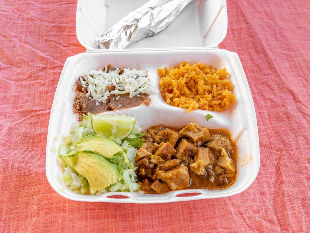 Any Meat Plate Lunch · Choice of meat, served with rice & beans, lettuce and avocado on the side 3 corn or flour tortillas.