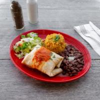 Burritos · Served with rice, beans, lettuce, pico, cream, and guacamole.