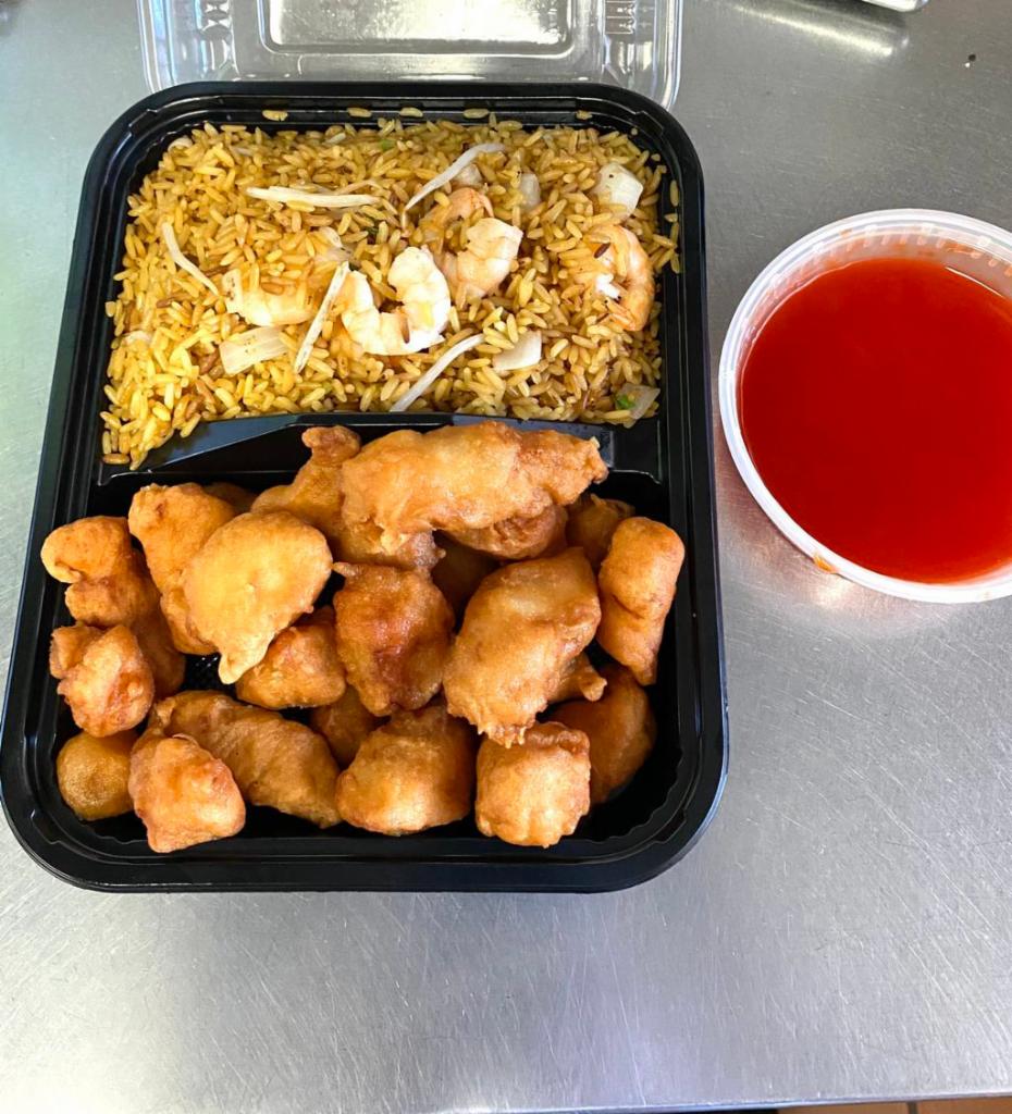 C7. Sweet Sour Chicken Combo  · Served with fried rice and egg roll.