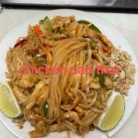 Chicken Pad Thai · Thai-style rice noodle topped with crushed peanut and house special Thai sauce. Slightly spi...