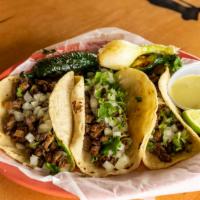 Tacos a Mano · 3 handmade soft tortillas filled with your choice of chicken, beef, steak, pastor, carnitas,...