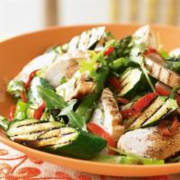 Wonderful Grilled Chicken Salad with Grilled Vegetables · Chopped freshly grilled chicken breast, grilled zucchini, yellow squash, carrots, & bell pep...