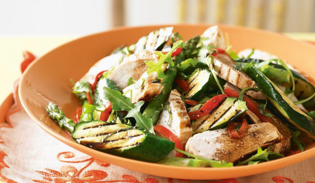 Wonderful Grilled Chicken Salad with Grilled Vegetables · Chopped freshly grilled chicken breast, grilled zucchini, yellow squash, carrots, & bell pepper. With organic baby lettuce, Roma tomatoes, imported low-fat feta cheese and red onion. Balsamic vinaigrette.
