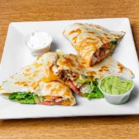 Chicken Quesadilla Salad Platter · Chopped chicken breast, cheddar cheese, shredded lettuce, diced tomatoes, served with sour c...