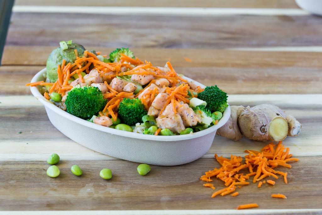Tokyo Bay · Brown rice, salmon, broccoli, carrots, edamame, cucumbers, avocado, green onions and miso ginger.