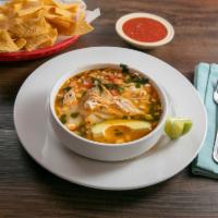 Chicken Soup · A blend of chicken broth filled with pulled white meat chicken, rice, pico de gallo and a sl...