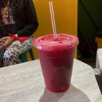 Just Beet It · Beets, green apple, carrots, orange, pineapple, and ginger.