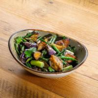 🍆🥬 - Eggplant and Longbeans · Chinese eggplant, long beans, chive blossoms, scallions, black bean sauce. 
Served with jasm...