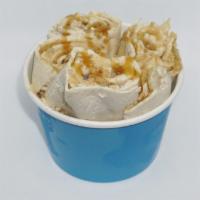Apple Crunch Ice Cream · Vanilla base, apple pie filling, cinnamon toast crunch, caramel drizzle, cinnamon, and sugar.