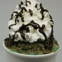 Grasshopper Shaved Ice · Spearmint and chocolate shaved ice, a scoop of vanilla ice cream, whipped cream, and chocola...