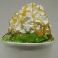 Caramel Apple Shaved Ice · Green apple and caramel shaved ice, a scoop of vanilla ice cream, whipped cream, and caramel...