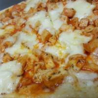 Our Famous Buffalo Chicken Pizza · A white pizza base with loaded with chicken steak, bleu cheese and mild wing sauce.