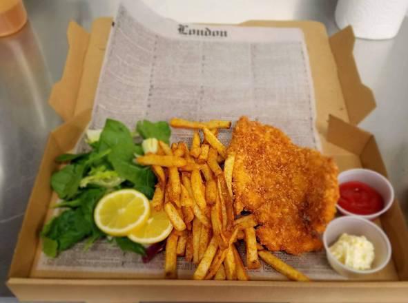 Schnitzel Box · butterflied pork chop breaded (gluten free) and fried to perfection served with creamy gravy, your choice of fries and a crunchy mixed green leaf salad.