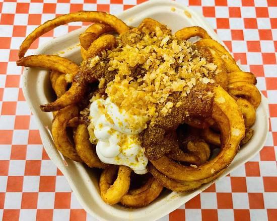 Special Fries · Curly potato fries, seasoned with our special homemade seasoning, topped with out home made spiced tomato sauce, topped with mayo and crispy onions