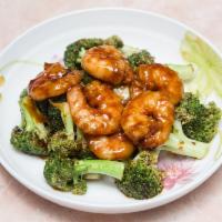 96. Shrimp with Broccoli · Served with white rice.