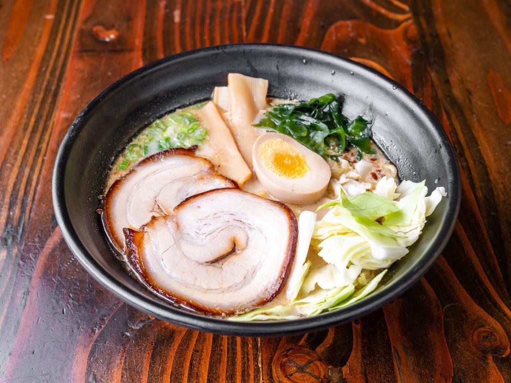1. Tonkotsu Ramen · Tonkatsu ramen (ramen in a white really thick, pork-based soup). Topped with seaweed, menma, chasyu (pork), egg, scallion, and cabbage.