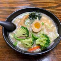 9. Vegetarian Yasai Ramen · Noodle in clean miso soup with egg, tofu, bell pepper, broccoli, cabbage, onion.