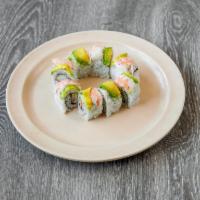 SU8. Shrimp roll · Inside contains: Cucumber, avocado, imitation crab meat. on top of the sushi: Shrimp and avo...