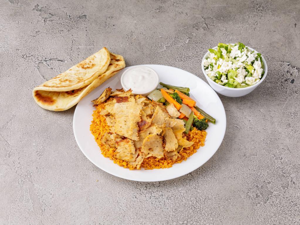 Chicken Gyro · Rotisserie cooked seasoned chicken thinly sliced. Served with basmati rice pilaf or cracked wheat bulgur, seasonal vegetables and cucumber yogurt sauce.