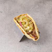 Gyro · Rotisserie cooked sliced of seasoned beef and lamb. Wrap and pita sandwiches with lettuce, t...