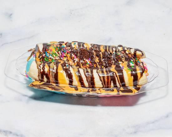 Banana Split · 3 scoops of ice cream of you’re choice with 3 toppings and hot chocolate.

