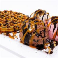 Belgium Waffle · Fresh waffle served with a side of hot rosemary chocolate and 2 scoops hard ice cream of you...