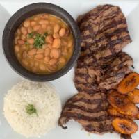 Carne (grilled or breaded) · Grilled or breaded thin steak, served with a choice rice, beans, sweet plantain, fries or av...