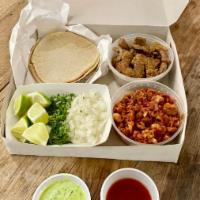 Taco box for four (2 dozens tortillas) · Your choice:  two dozen tortillas (flour or corn), choice of two meats (1 lb of meat each) c...